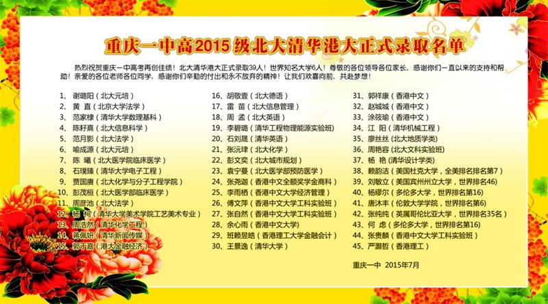 重庆一中高2015级北大清华港大正式录取名单